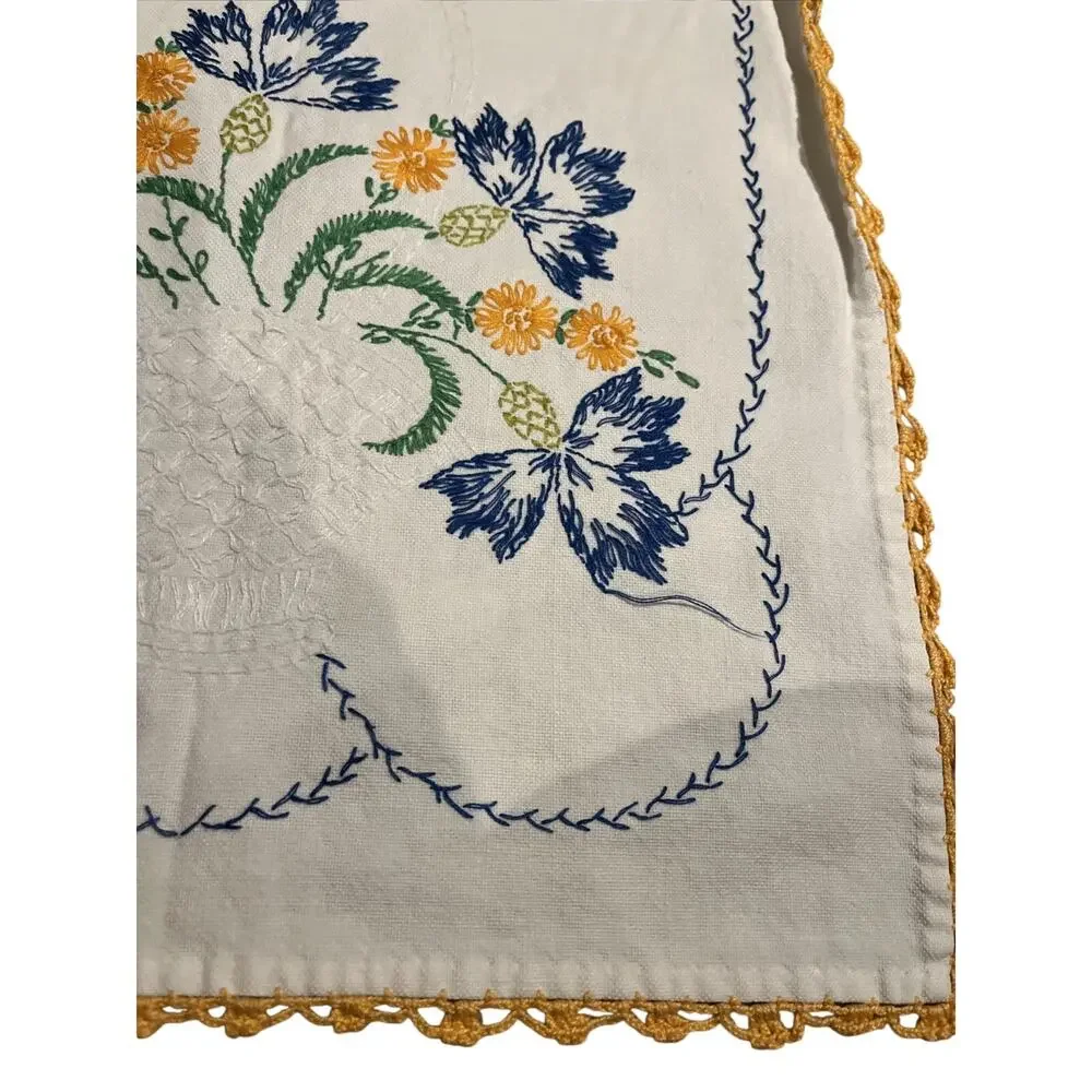 Vtg Ivory Embroidered Floral Linen Cotton Blend Crochet Edging Table Runner 38”